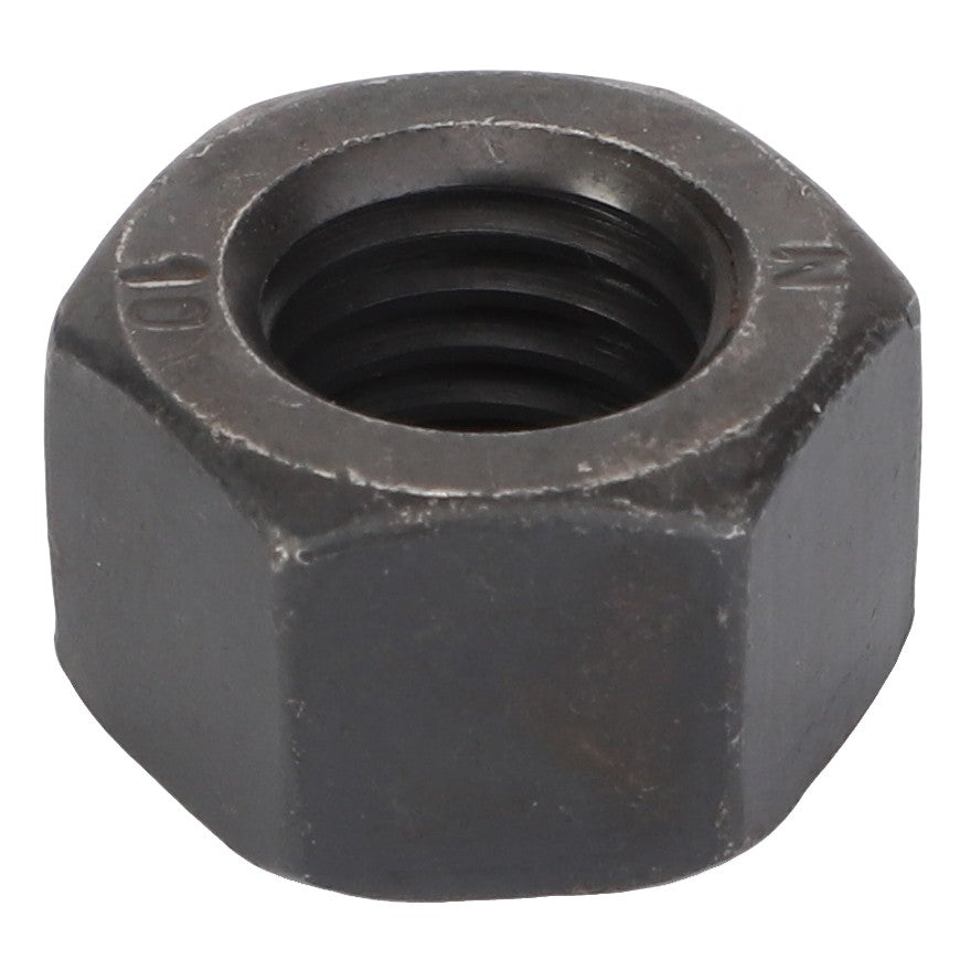 A close-up image of a metal hex nut with internal threading, specifically the AGCO | NUT - F712301020110 by AGCO, commonly used in conjunction with bolts for fastening purposes. No current product description information available.