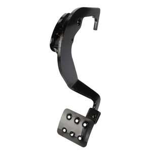 The AGCO Brake Pedal - Acw0224640 is a robust black metal brake pedal assembly featuring a versatile mounting bracket and several holes for easy adjustments, ensuring seamless compatibility and optimal performance.