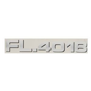 No current product description available for the AGCO Decal, Model - Acp0298620 with silver text reading "FL.4018" on a rectangular white background.