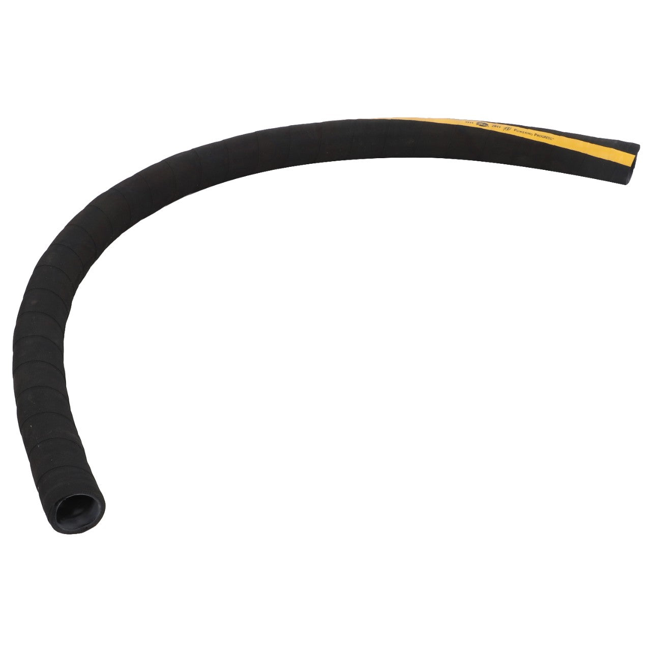 Product: An AGCO hydraulic hose, model 112016W1, featuring a curved black rubber design with a yellow stripe along one side.