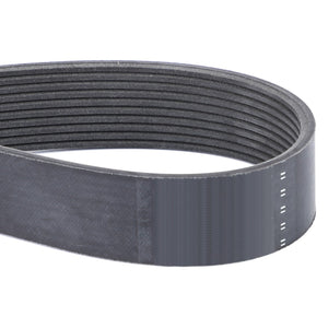 An AGCO Genuine serpentine belt (Pk10 Profile - F737200040010) in black with a ribbed design is displayed against a white background, suitable for Fendt Vario S4 and Massey Ferguson models.