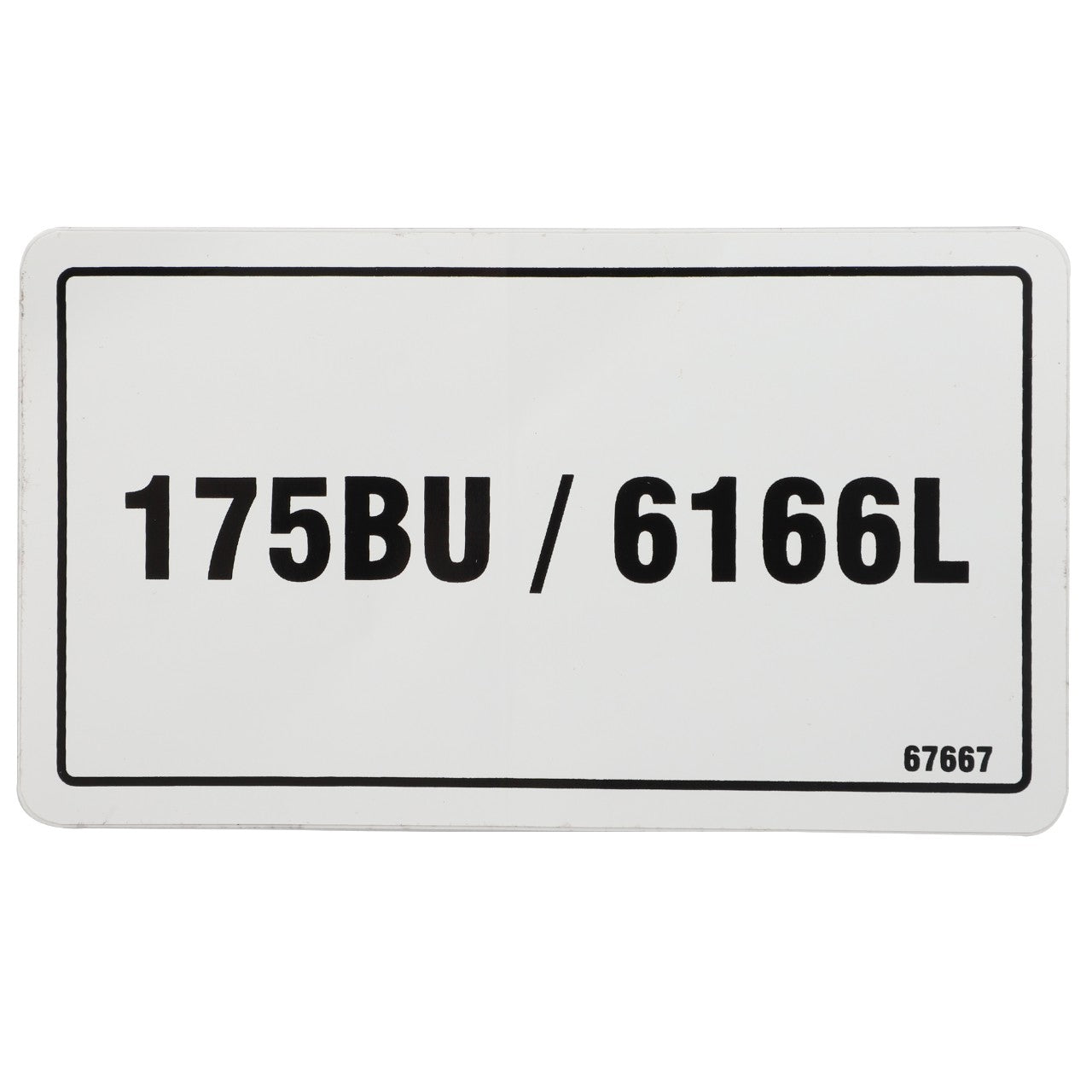 A pristine white rectangle label from AGCO showcasing "175BU / 6166L" in bold black letters. In the bottom right corner, a smaller font reveals the number "67667". The product is identified as Decal - Acp0008990.