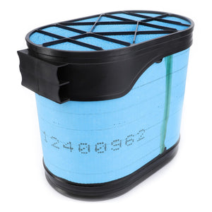 The AGCO | Engine Air Filter Cartridge - F954200091010 is a blue and black rectangular air filter specifically designed for optimal filtration efficiency. Compatible with Fendt Models, this filter features a numeric code on the side, indicating its integration into AGCO Air Filter Cartridges.