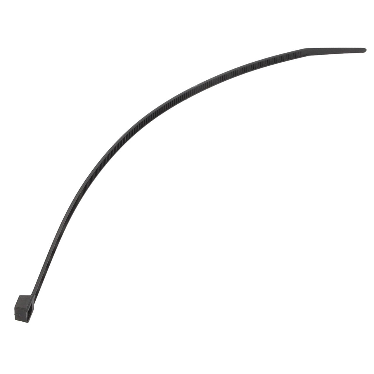 The AGCO CABLE TIE - D45050037 is a black plastic cable tie designed with a tapered end and a secure locking head.