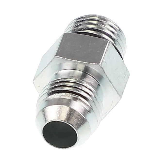 Close-up of the AGCO ADAPTER FITTING - AG334117, featuring threaded ends, a hexagonal middle section, and a tapered opening. Made of stainless steel, this item currently has no product description information available.