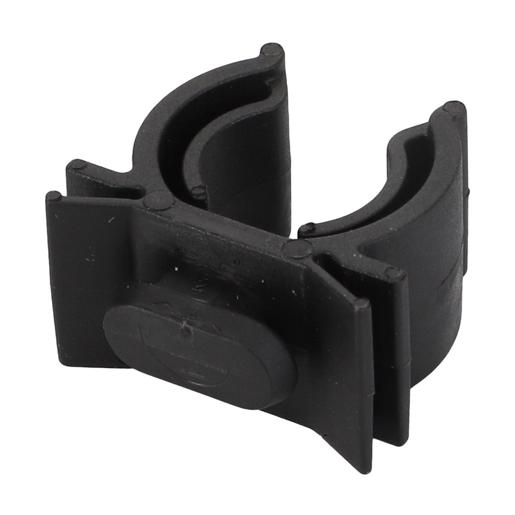 The AGCO | Support - Acw9150490, a black plastic pipe clip with a U-shaped opening and securing latch, is designed for clamping and holding cylindrical objects.