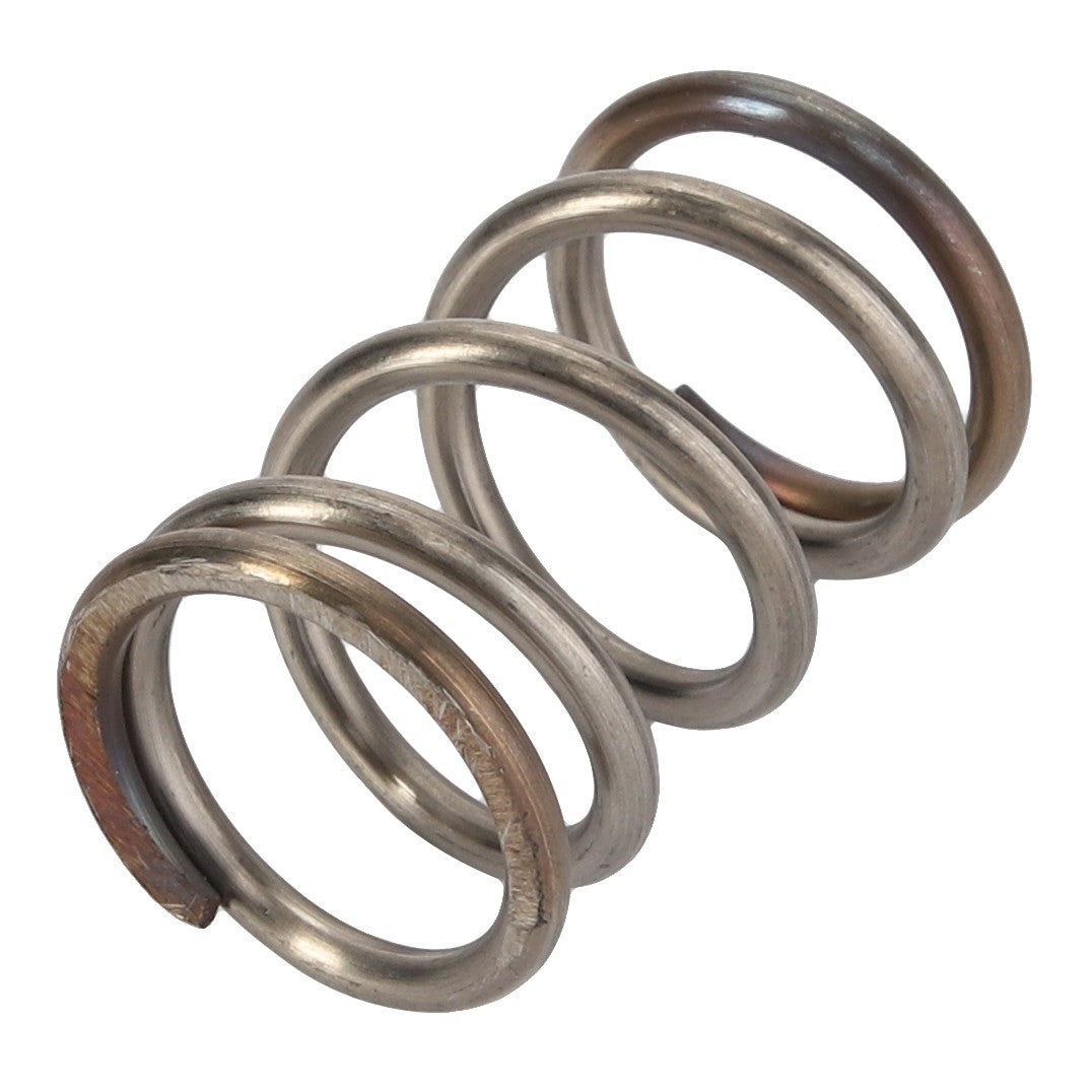 The AGCO Spring - AL5021940 by AGCO is a metallic coil spring showcasing four visible loops, with a cut on one end. Its slightly tarnished surface enhances its rugged appeal. No current product description information is available.