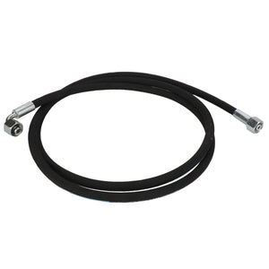 The AGCO Hydraulic Hose - Fel151820 is a black hose featuring metal fittings on each end, coiled into a loose loop.