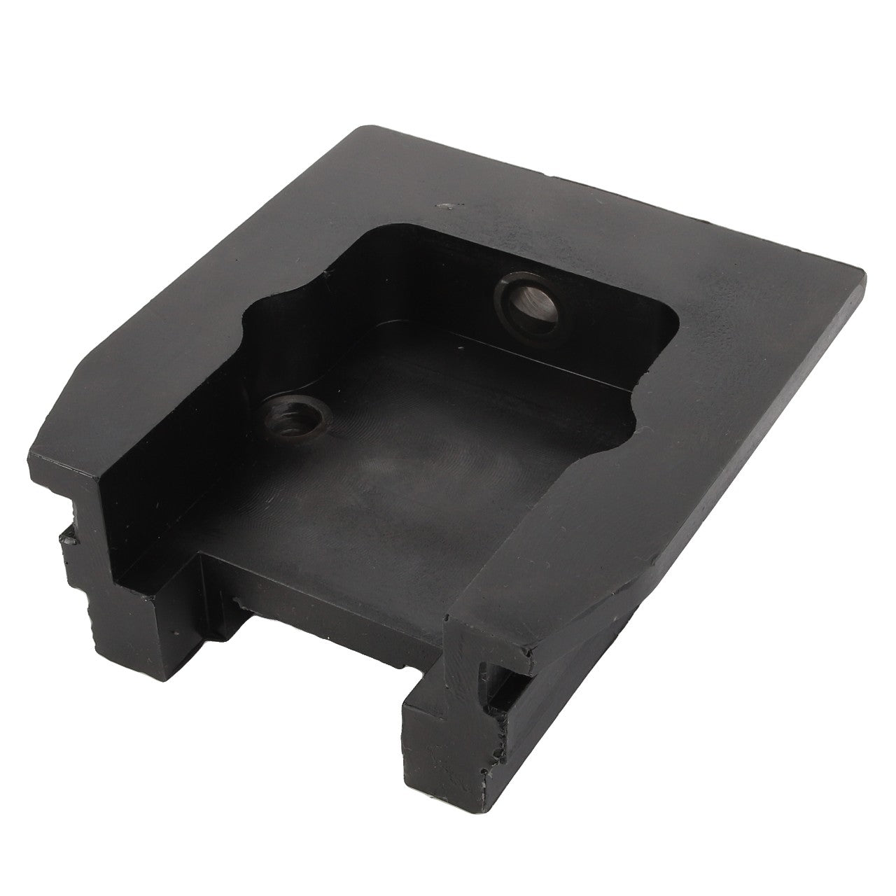 The AGCO Bracket - Acp0284400 is a black, rectangular metal component featuring two recessed holes and a central indentation. Currently, there is no additional product description available.