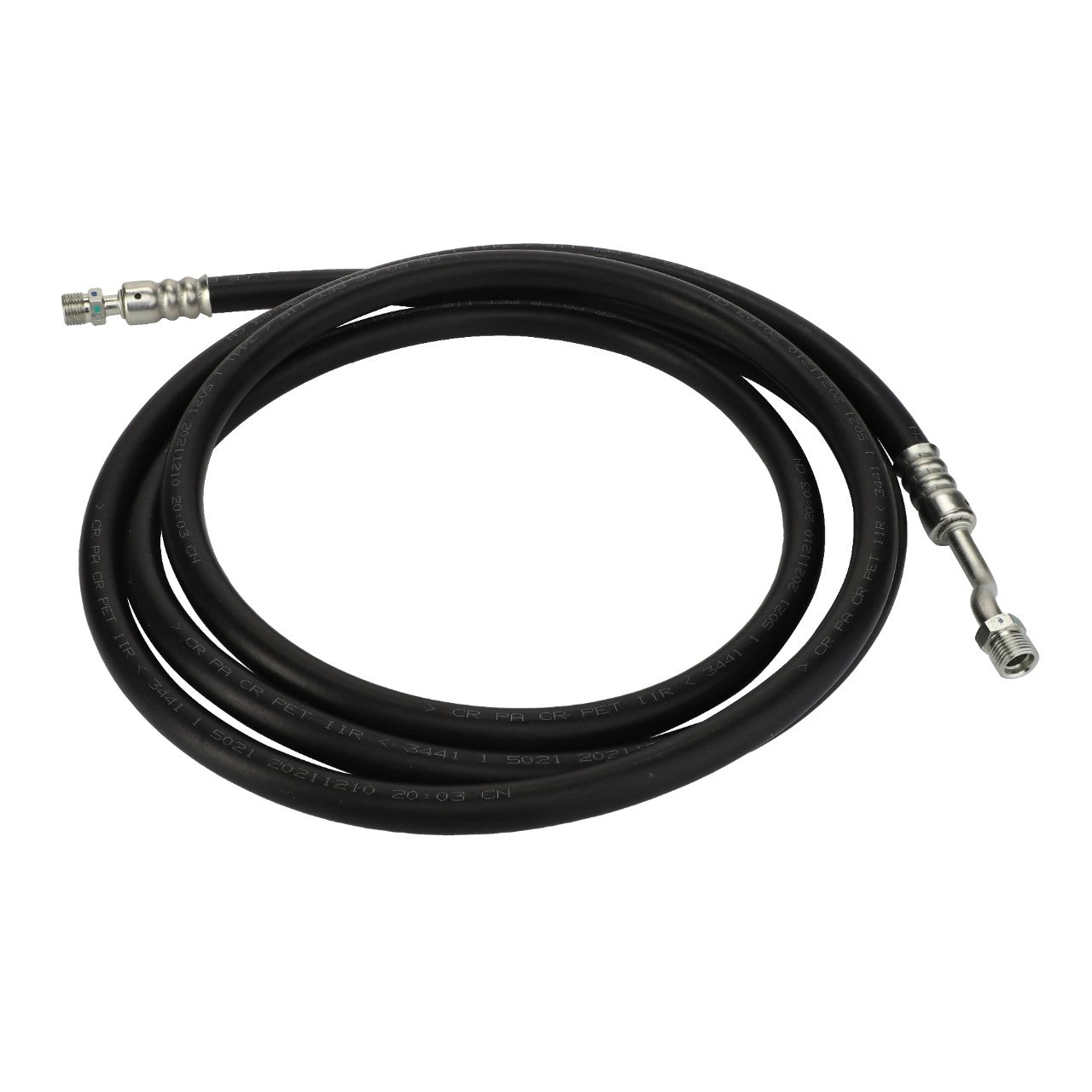 The AGCO | High Press Hose - Acx354273A, a premium black rubber hose from AGCO, features integrated metal connectors on each end for easy attachment to fluid or gas systems. It is neatly coiled in a single loop for convenient use.