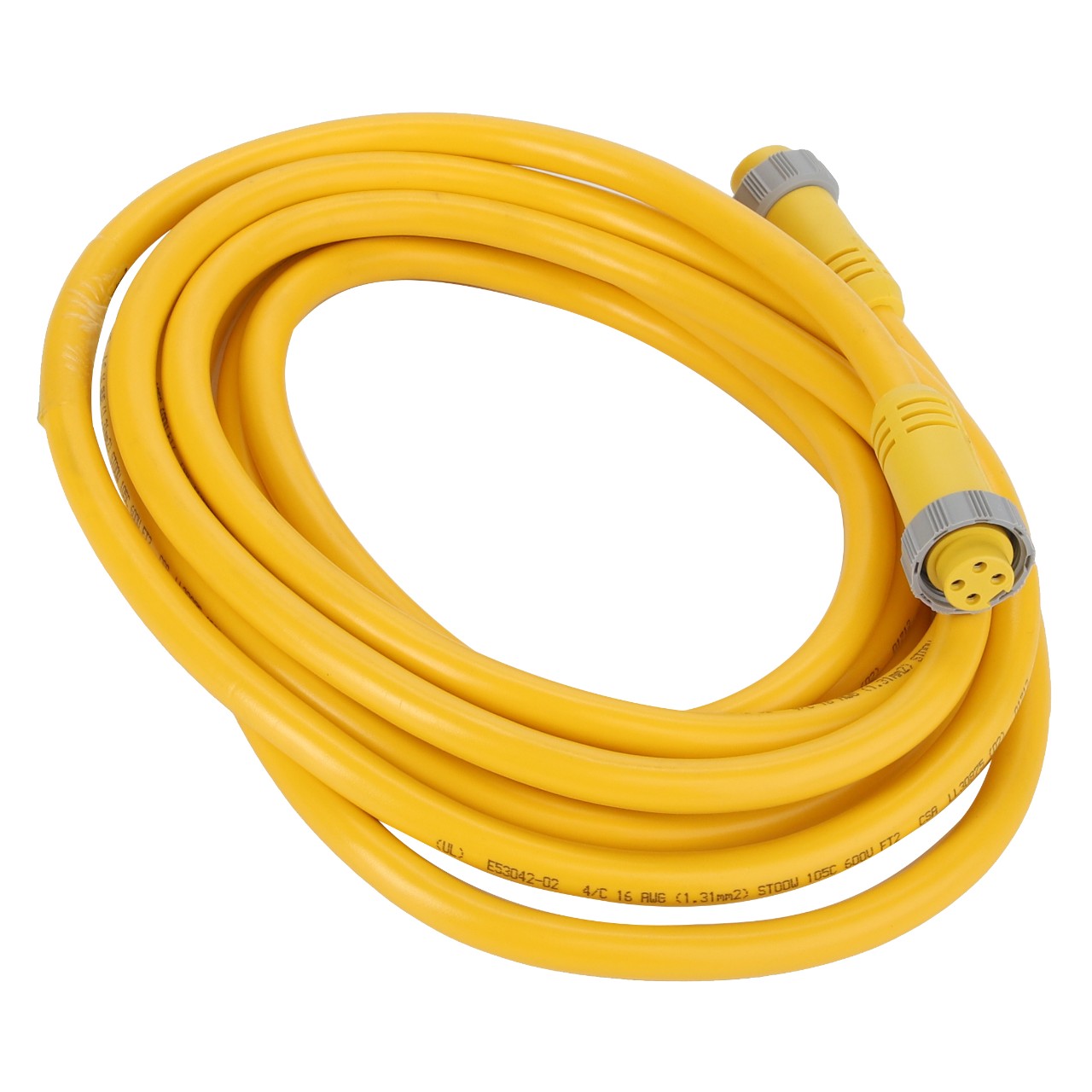 The AGCO | CABLE - AG519089 is a coiled yellow electrical cable with gray connectors on each end, featuring four pin points. No current product description information is available.