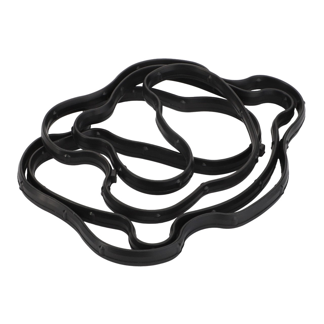 A pile of intricately intertwined black, wavy rubber AGCO Cover Gaskets (Acp0676310) from the brand AGCO.