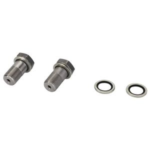 Two AGCO metal bolts and two AGCO washers with rubber inner rings from the PARTS KIT - F931870051140 are placed on a white surface.