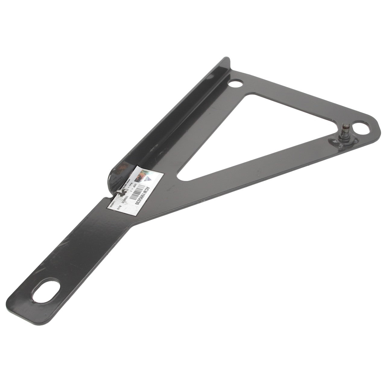 The AGCO Left Hand Bracket - Acw1995030 is a triangular metal bracket with an elongated arm and a screw attachment point, featuring a white label with barcodes. No current product description information is available.