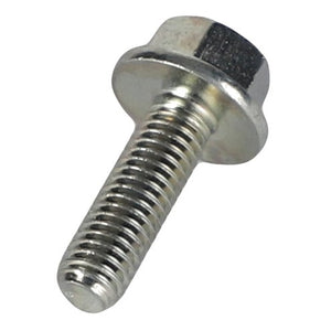 The AGCO Hex Flange Head Machine Screw - Acw1955210 is depicted from an angle, showcasing its hexagonal head and shiny finish with a partially threaded shaft. No current product description information is available.