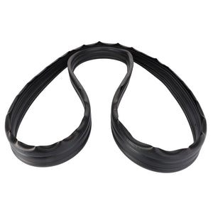 The AGCO Gasket - 4357955M3 is a black rubber weatherstrip gasket in a looped shape, typically used for sealing automotive windows or doors, commonly seen on Massey Ferguson and Fendt models with Dyna-4 transmissions.