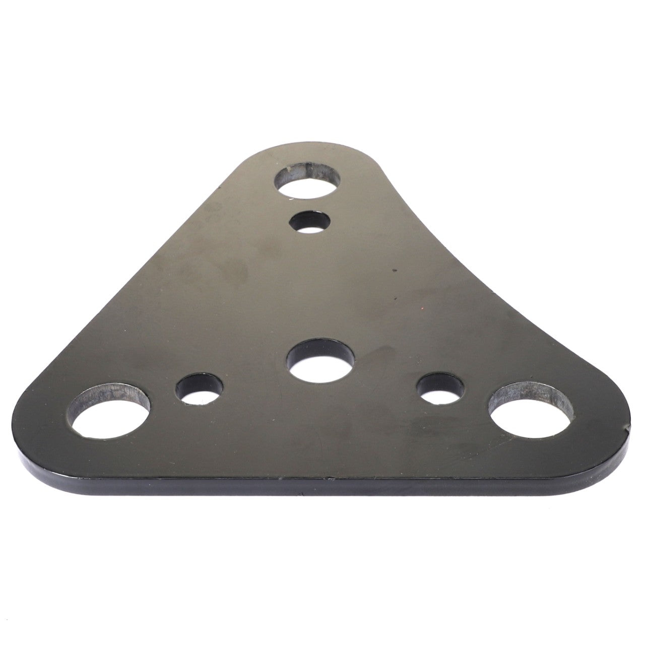 The AGCO | LINK - AL5214122 by AGCO is a sleek, black triangular metal plate featuring five circular holes of varying sizes, evenly spaced across its surface.