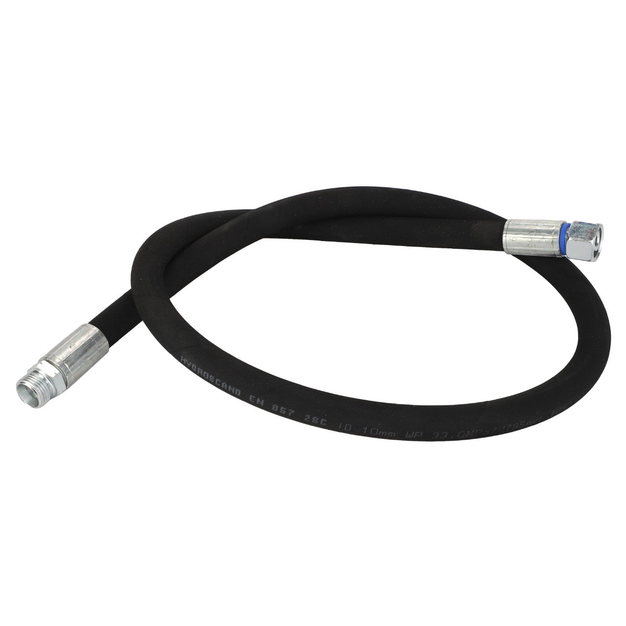 The AGCO Hose - Acw3635070 by AGCO is a flexible black hose featuring metal connectors on both ends, designed to be coiled in a loop. No current product description information available.