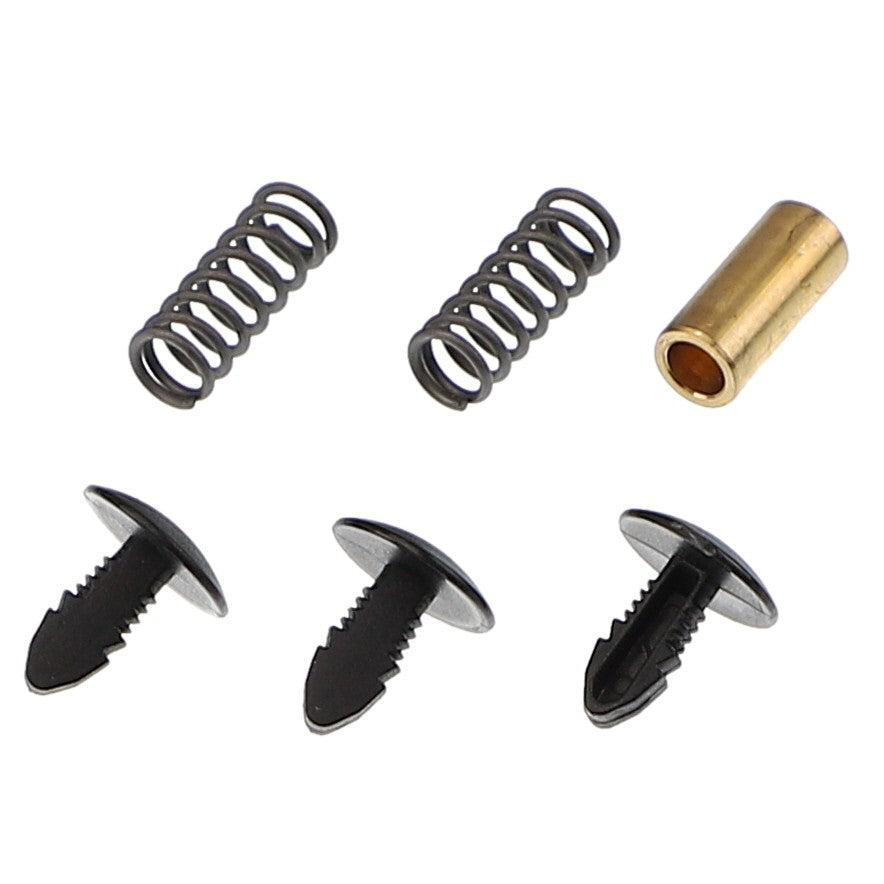 The image features components from the AGCO | SMALL PARTS KIT - F737812330100, which includes two metallic springs, a brass cylindrical piece, and three black plastic rivets, all set against a white background.