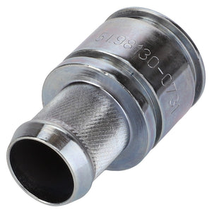 No current product description is available for the AGCO Hose Barb - F530200090710, a cylindrical metal pipe fitting with a textured grip. The fitting features an engraved number and appears to be made of steel.