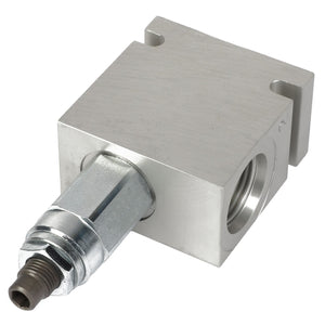 The AGCO | Relief Valve - Acw4054750 by AGCO is a metal hydraulic flow control valve with threaded connectors and ports, featuring a square body and a protruding cylindrical component. No current product description information available.