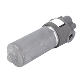 The AGCO Hydraulic Filter Assembly - 4314249M1 is a cylindrical metal unit featuring a threaded port on the side and a sealed cap on one end, making it reliable for any Massey Ferguson machinery.