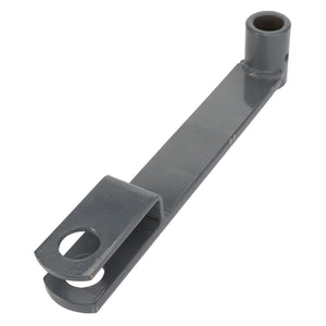 The AGCO | ARM - D26734030 by AGCO is a gray metal bracket that features a cylindrical bushing on one end and a slotted, curved plate with a circular hole on the other. Currently, no product description information is available.