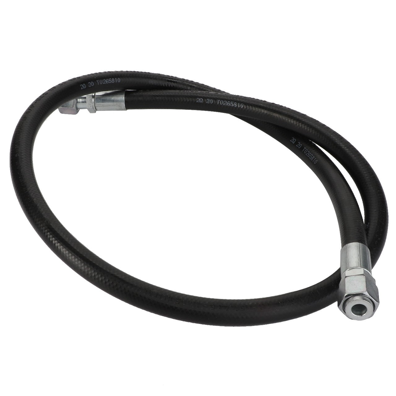 The AGCO | Hose - Acw0941640 by AGCO is a black flexible hose featuring metal fittings at both ends and is coiled in a circular shape.