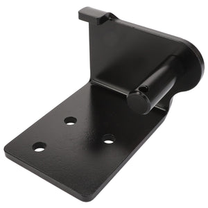 The AGCO Bracket - Acp0233320, from the renowned brand AGCO, is a metal bracket with a sleek black finish featuring three circular holes and a cylindrical peg on one side.