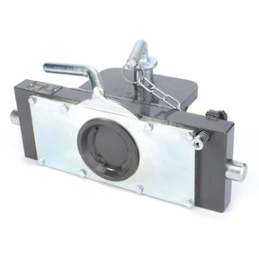 The AGCO | Trailer Hitch, Clevis, Cat C - Acv021886A by AGCO is a black and metallic mechanical device with a latch, a hook, and a handle. It features a circular component in the center and bolts securing parts together. This unit also includes an integrated hitch pin for added stability.