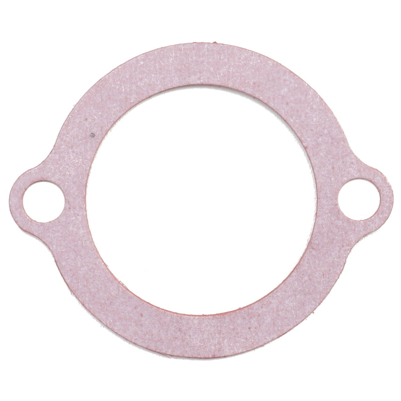 The AGCO Gasket - 3284112M2 is a round gasket with two small protruding tabs, each featuring a hole for mounting, designed specifically for Massey Ferguson models to prevent leakage effectively.