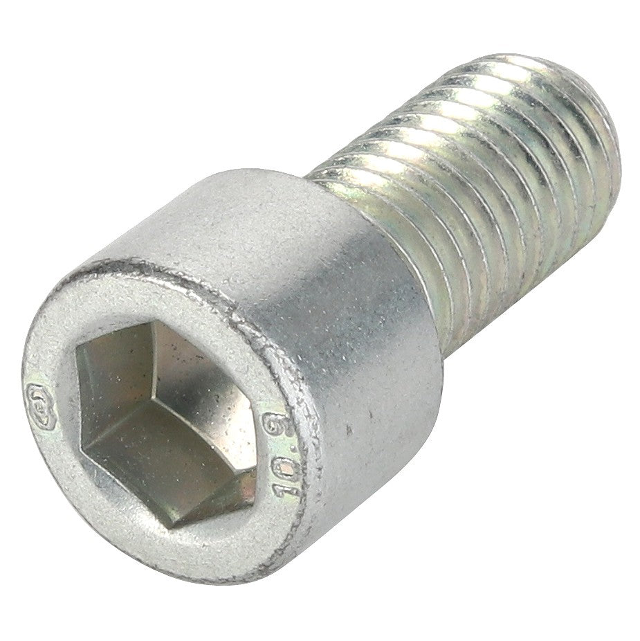 The AGCO Hex Socket Head Capscrew - 3009299X1 is a silver cap screw featuring a threaded body and a smooth, cylindrical head, specifically designed for use with an Allen wrench.