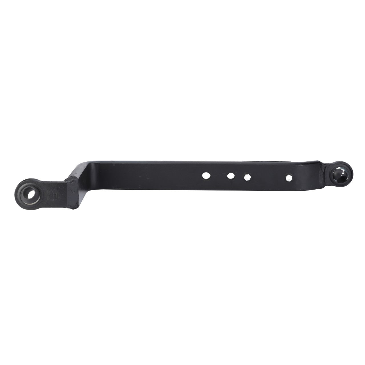 The AGCO Lower Link Arm, Ball End - Acp0327880 is a black metal control arm with a rectangular shape, featuring mounting holes and attachment points on both ends. It is an essential part of AGCO Parts' hitch and linkage components.