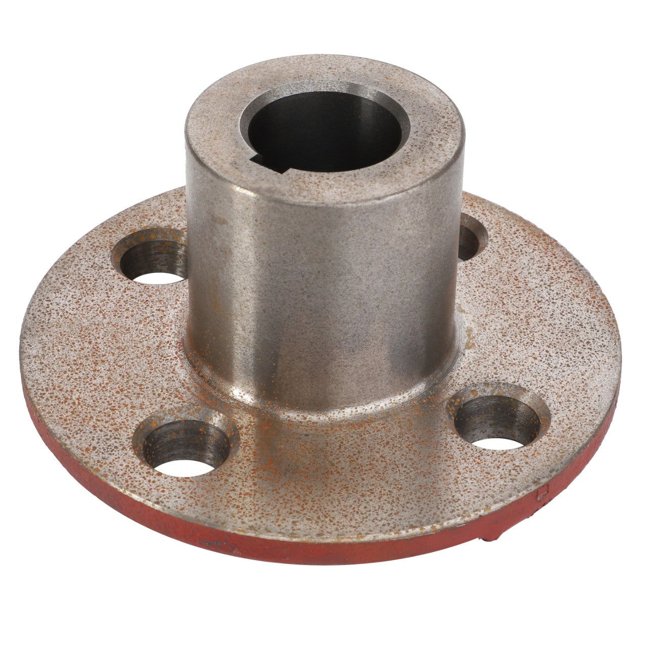 The AGCO Hub - La300131755 is a metal flange with a cylindrical extension and four holes around the base. It shows light rust and has a red coating on the underside. Currently, there is no additional product description available.