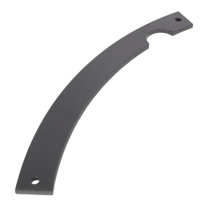 The AGCO | Cam - Acx2464960 is a curved metal tool featuring two holes on opposite ends, specifically designed for mechanical or automotive use. One side includes a small notch, likely intended for leverage or attachment—making it an invaluable accessory for working on Fendt or Massey Ferguson machinery.