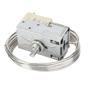 The AGCO | SWITCH - V30415220 by AGCO is a metallic thermostat featuring an attached coiled wire and a protruding knob for precise adjustment and temperature control.