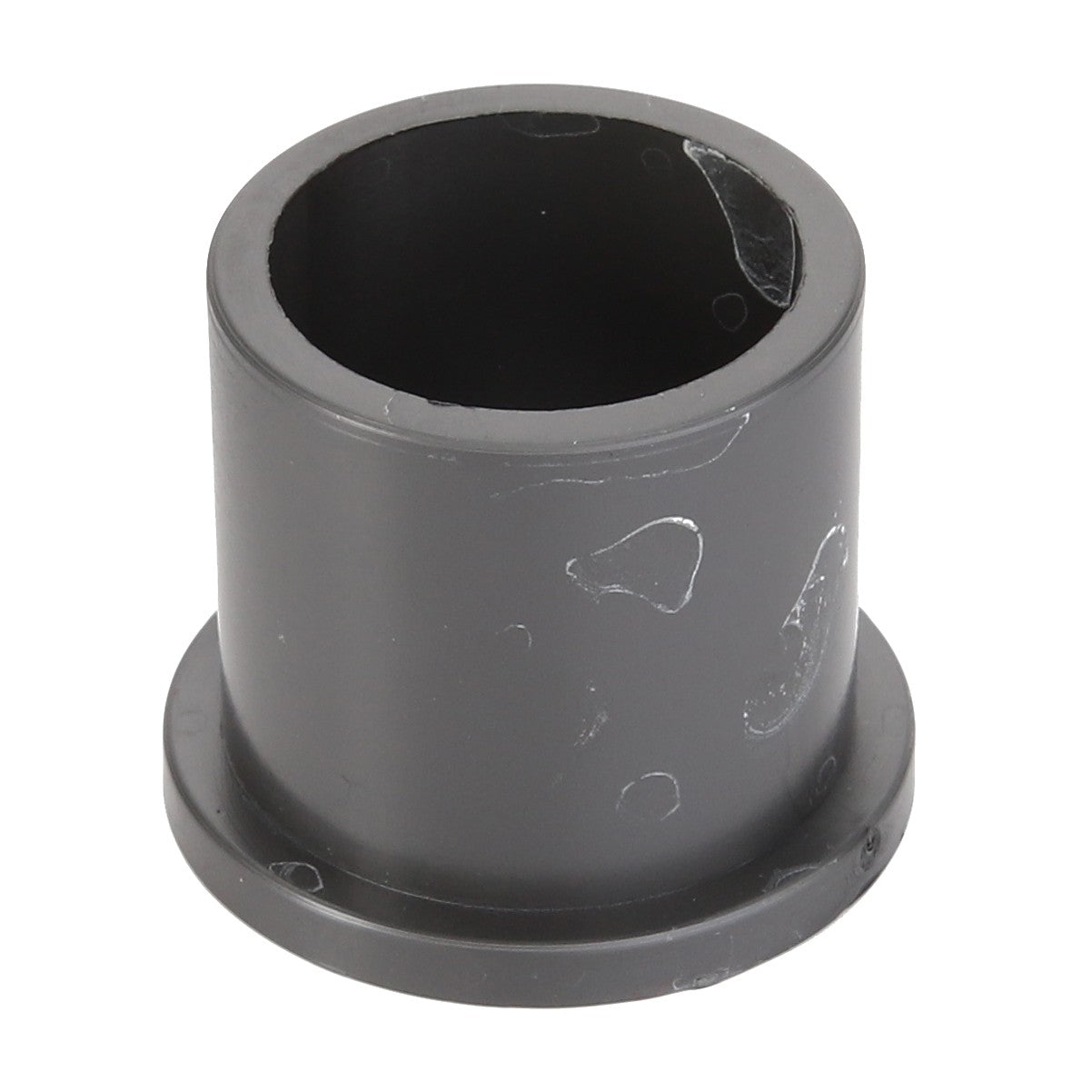 The AGCO BUSH - D43317000 is a black cylindrical plastic spacer featuring a flange at the base and slight surface markings.