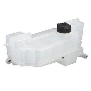 The AGCO Expansion Tank, Threaded Cap (Cap Included) - Acp0336010 is a white polypropylene plastic automotive coolant reservoir tank featuring a black cap and two mounting points, designed to manage coolant overspill effectively.