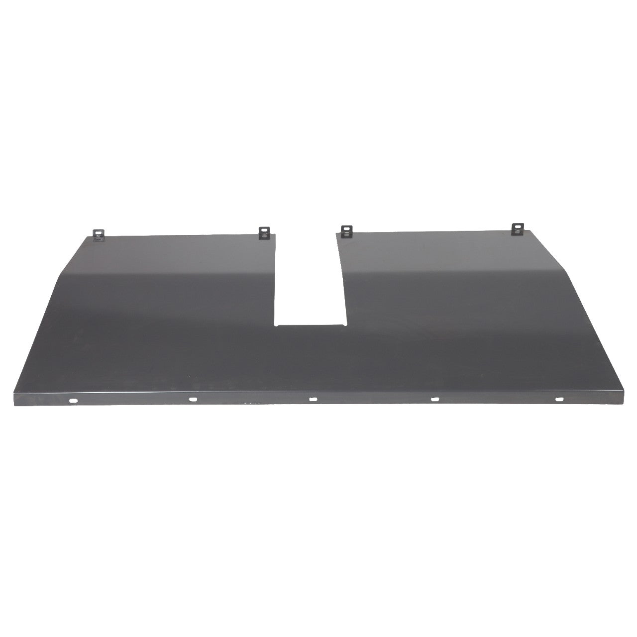 The AGCO WEARPLATE - D28285078 is a flat, dark gray metal panel featuring a center cutout and mounting brackets on top. Please note that no additional product description information is currently available for further details.