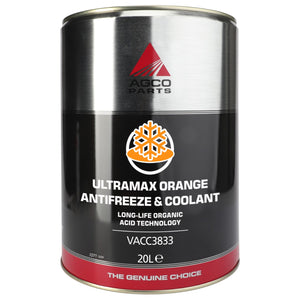 A 20-liter tin of AGCO Parts Ultramax Orange Antifreeze & Coolant from AGCO, utilizing long-life organic acid technology and designed for heavy-duty use. The tin, which features a snowflake logo, is identified by product code VACC3833.