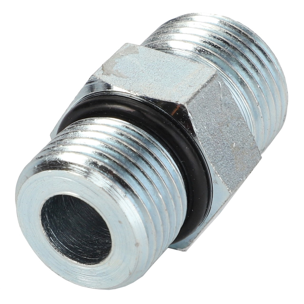 The AGCO adapter, model AG126302, is a metallic hexagonal pipe connector with threaded ends and a durable black O-ring in the center, ensuring reliable performance.