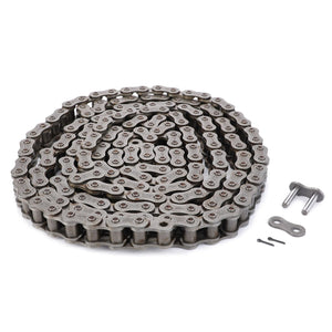 The AGCO Roller Chain Transmission Bale Forming - 0934-36-46-00 features a coiled metal industrial chain complete with a master link and connector pieces placed next to it, designed for peak efficiency and maximum uptime. Ensure reliability with AGCO Parts Genuine components.