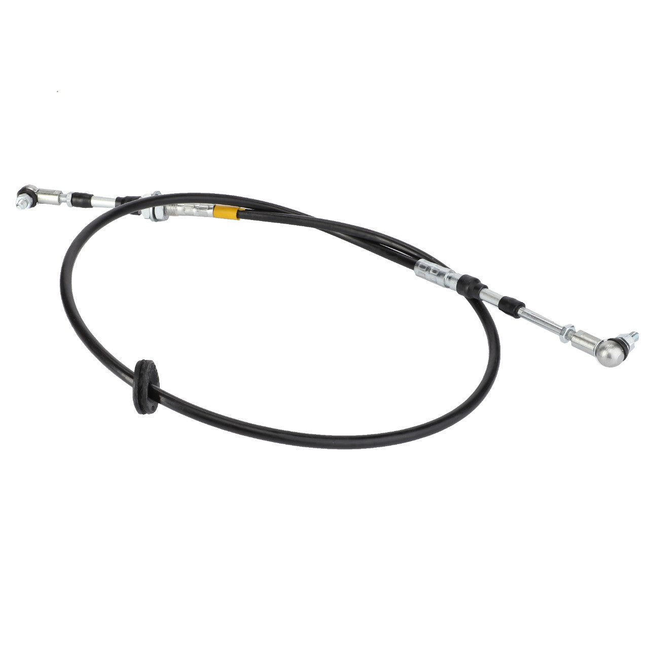 A black automotive cable, AGCO Shift Lever Cable (L= 1574 mm - 3786478M1), features metal connectors at both ends and is coiled into a loop with a zip tie, making it perfect for Fendt or Massey Ferguson machinery.