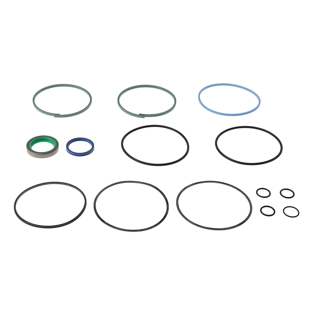 A meticulously arranged collection of variously sized rubber and metal O-rings from the AGCO Seal Kit - Acp0015980, displayed in neat rows on a white background. No current product description available.