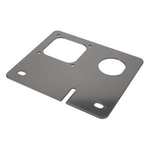 No current product description information is available for the AGCO Bracket - Acw1935290, but this rectangular metal plate features a rectangular cutout, a circular hole, and two smaller holes near the corners.