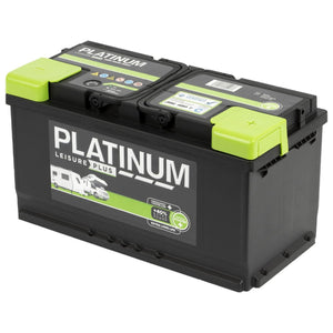 The AGCO Platinum International Battery (3933313M1), featuring black housing with green accents, is tailored for leisure vehicles and showcases clear labeling and specifications on the top and sides—ideal for the discerning leisure enthusiast's caravan or motorhome needs.