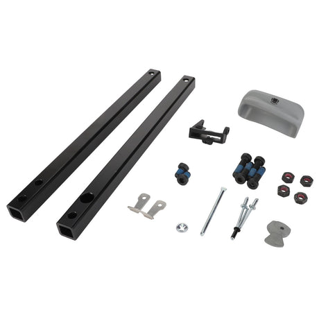 AGCO Kit, Attaching - F842810330080 meticulously arranged on a clean white background, featuring various metal and plastic components like two black rods, screws, nuts, brackets, and a grey plastic cover.