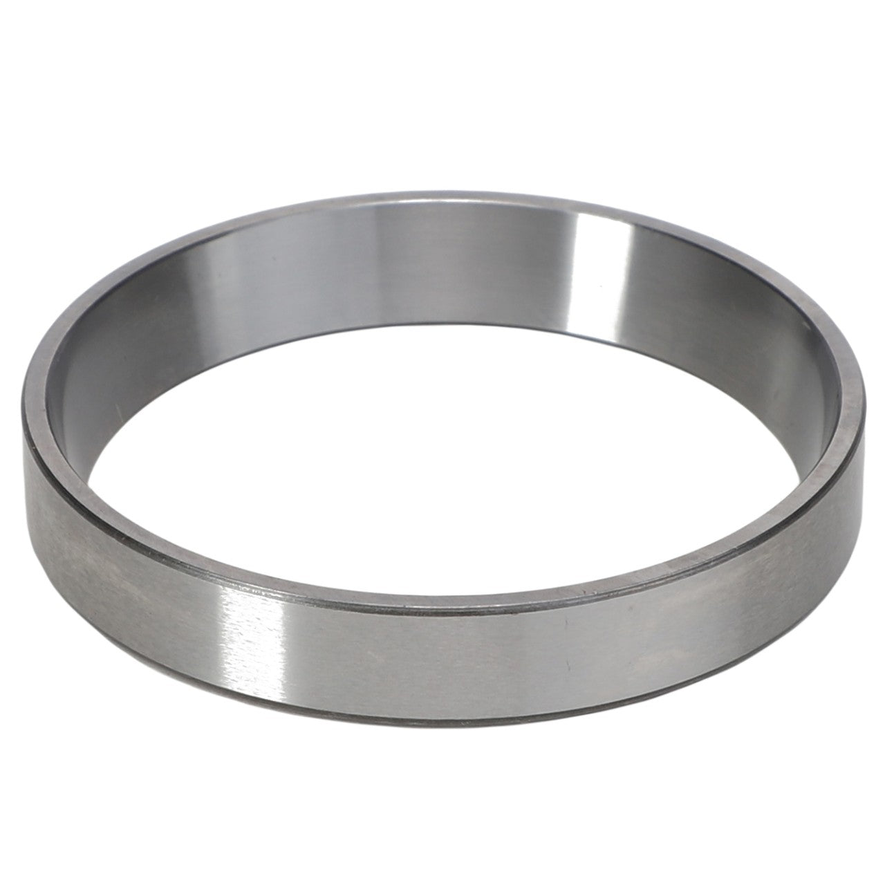 A metallic circular ring with a smooth, reflective surface placed against a plain white background. Product: AGCO | Bearing Cup - Acp0006950 by AGCO.