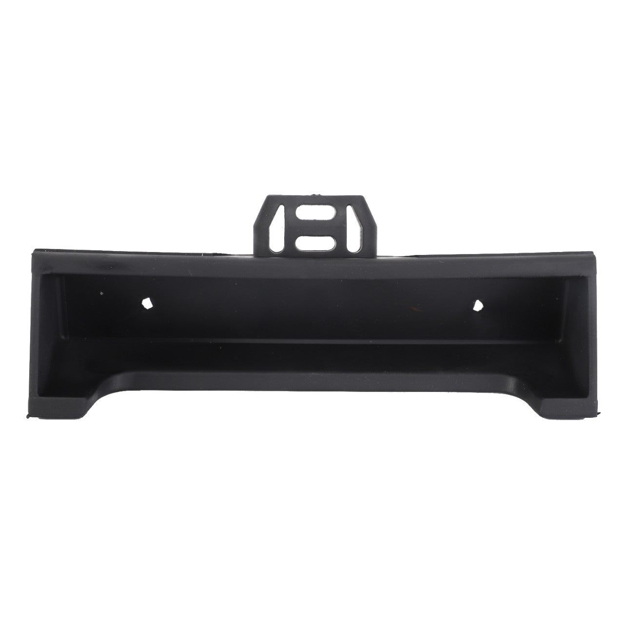 The AGCO | Grip, Sheet Metal - 3822098M1 is a black metal bracket featuring two small holes and a mounting feature at the top, designed for use with Genuine Controls and Levers in Massey Ferguson Models.