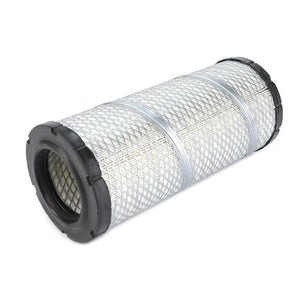 The AGCO Engine Air Filter Cartridge (3540046M1) features a cylindrical design with black end caps and a white mesh body, specifically engineered for Massey Ferguson models, ensuring an impressive 99.9% filtration efficiency.